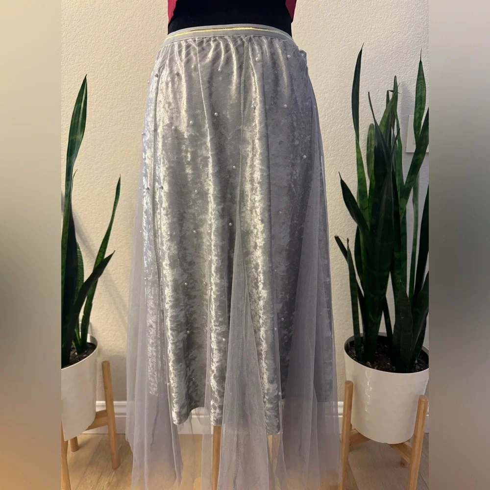 ANTHROPOLOGIE RAGA SKIRT 1X GRAY TULLE LAYERED A-LINE VELVET MESH PEARL‎ PLUS